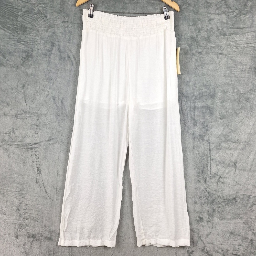 Womens Pants Large White Boho Beach Coastal Wide Leg Lightweight Resort Pull On